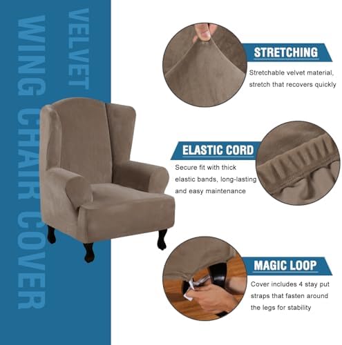 H.VERSAILTEX Wingback Chair Covers Velvet Plush Wing Chair Slipcover 1 Piece High Stretch Wing Back Chair Slipcovers Sofa Cover Furniture Cover with Elastic Bottom, Mocha - Image 2
