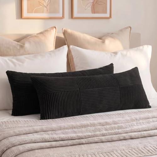 Fancy Homi Set of 2 Black Boho Long Lumbar Body Decorative Throw Pillow Cover 14x36 Inch for Bed Couch Bedroom Bench, Soft Patchwork Corduroy Textured Pillow Case, Rustic Farmhouse Room Décor by Fancy+Homi