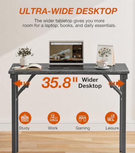 XBurmo Folding Desk Foldable Table, No Assembly 35.8" Foldable Desk Space-Saving Workstation for Small Space, Computer Table, Flat Storage for Home Office, Bedroom, Dorm, Study Room, Marble Greige - Image 6
