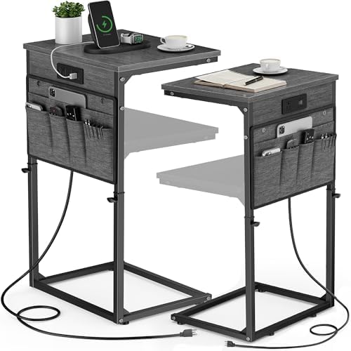 Vagusicc C-Shaped End Table Set of 2 with Charging Station, Small Side Table for Couch, Adjustable Height Couch Side Table, Slide Under Sofa Table TV Tray for Living Room,Bedroom,Bedside, Gray Walnut by Vagusicc