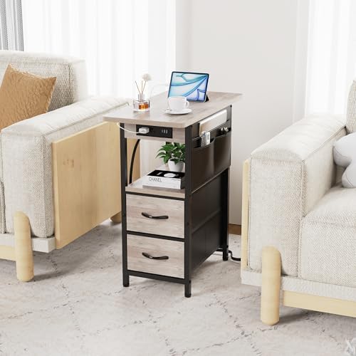 Yenlure Small Side Table with Charging Station, Narrow Nightstand Bedside Tables with Storage Pocket for Living Room Bedroom, Sofa End Table with USB Ports and Power Outlets for Small Spaces, Greige - Image 6