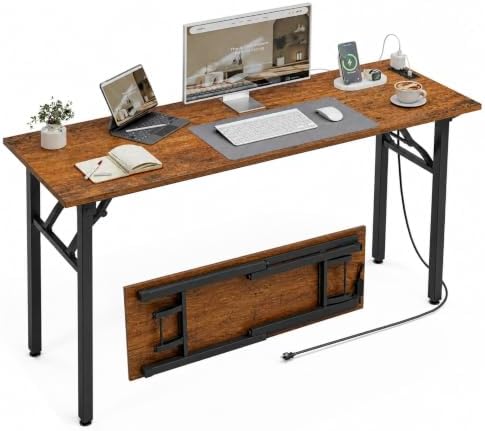 XBurmo Small Folding Desk Folding Table, No Assembly Foldable Desk Gaming Desk, 55.1-Inch Computer Table Workstation with 2 AC Outlets and 2 USB Ports for Bedroom and Home Office, Rustic Brown by XBurmo