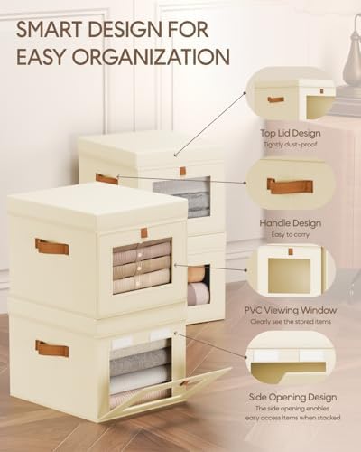 Homsorout Storage Bins with Lid – Closet Organizer with Side Opening and Clear Window, Foldable Stackable Fabric Basket for Clothes, Home, Office - 13.77" x 11.8" x 9.8", 4 Pack, Beige - Image 2