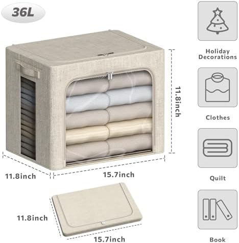 4 Pack Clothes Storage Bins with Metal Frame - 36L Stackable Storage Box with Lid，Foldable Storage Container Organizer for Clothes，Linen Fabric Storage Box with Clear Window＆Zippers＆Handles - Image 4