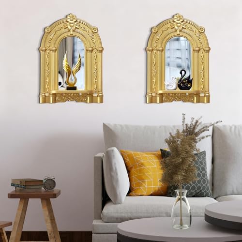 2 Set Vintage Candle Wall Sconce for Home Decor Living Room Bedroom Office Wood Antique Mirrored Victorian Mounted Candlestick Wall Holder Relief Hanging Decor -Gold 11.8in - Image 6