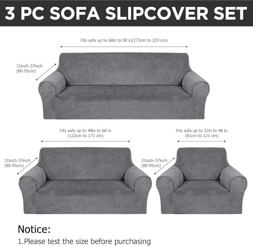 Peryiter 3 Pcs Couch and Loveseat Sofa Covers,Light Gray,Velvet - Image 2