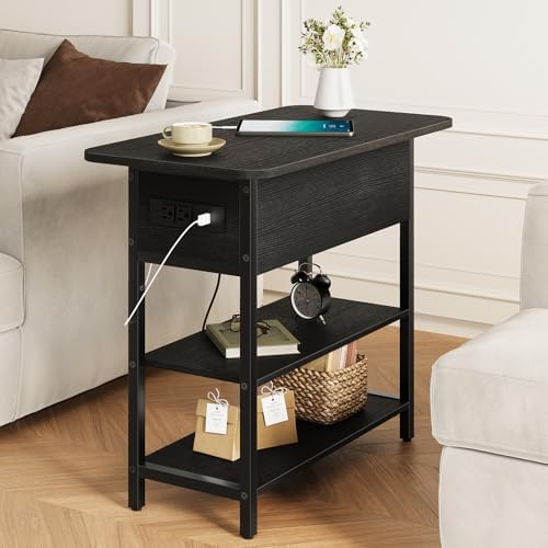 Yoobure End Table with Charging Station, Flip Top Side Table with USB Ports and Outlets, Sofa Couch Table Bedside Table for Living Room Bedroom, Narrow Nightstand with Storage Shelves for Small Space - Image 2