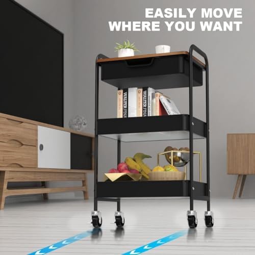 3 Tier Rolling Cart with Drawer, Metal Utility Cart with Table Top - Image 5