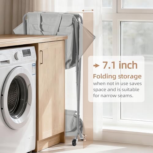 STORAGE MANIAC Collapsible Laundry Cart with Wheels 35.6"H Removable Canvas Bag Rolling Laundry Hamper Clothes Basket with Wheels, Sturdy Steel Frame Folding for Small Narrow Space Easy Storage, Grey - Image 6