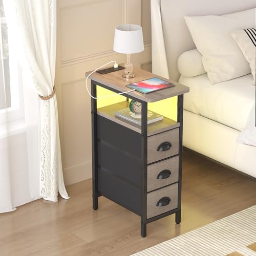 shtmec Narrow End Table Set of 2 with Charging Station, LED Side Tables Set 2 with Fabric Drawers, Small Bedside Tables Nightstands for Small Space, Slim Sofa Couch Table for Livingroom, Grey - Image 7