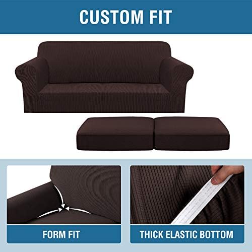 H.VERSAILTEX 3 Piece Stretch Sofa Covers for 2 Cushion Sofa Couch Covers for Living Room Sofa Slipcovers (Base Cover Plus 2 Seat Cushion Covers) Thicker Jacquard Fabric(Large Sofa, Chocolate) - Image 4