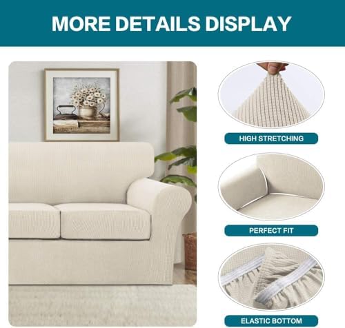 Turquoize 4 Piece Sofa Covers for 3 Cushion Couch Sofa Slipcover Soft Couch Cover for Dogs Washable Furniture Cover with 3 Individual Large Cushion Covers Feature Fabric (Large Sofa, Biscotti Beige) - Image 4