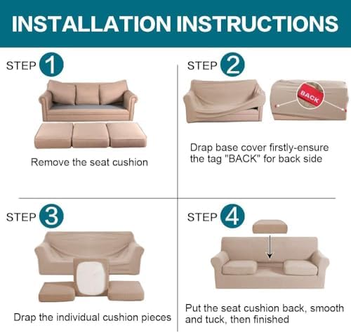Turquoize 4 Piece Sofa Covers for 3 Cushion Couch Sofa Slipcover Soft Couch Cover for Dogs Washable Furniture Cover with 3 Individual Large Cushion Covers Feature Fabric (Large Sofa, Sand) - Image 6