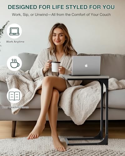 C-Shaped Side Table for Couch - Small Coffee Stand Sofa Tray Desk with Metal Frame and Waterproof Scratch Resistant, Modern End Accent for Living Room, Bedroom, Small Spaces, Greige - Image 4