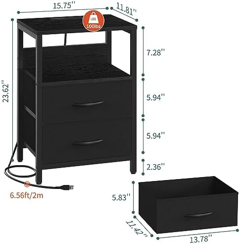 Yoobure Nightstand with Charging Station, Small Night Stand with Fabric Drawers and Storage Shelf for Bedrooms, Nightstands for Small Spaces, Bedside Table with USB Ports & Outlets Bed Side Table - Image 3