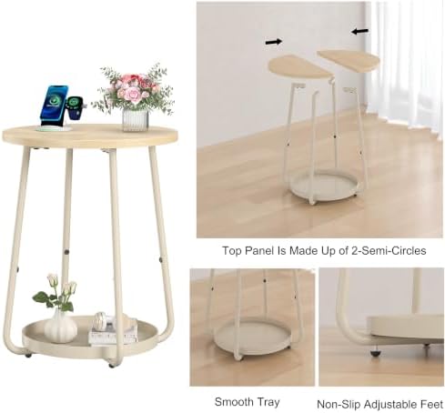 sthmec Small Round Side End Table with Storage, 2 Tier Round Bedside Sofa Couch Coffee Tables with Tray, Metal Nightstand for Small Spaces, Living Room Bedroom, Natural - Image 4