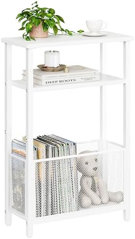 MMEOLUOOK Narrow Side Table with Storage Basket Skinny End Tables for Smalls Spaces 3 Tier Sofa Table Small Nightstand Slim Bedside Table for Living Room Bedroom White MLBZ22W by MMEOLUOOK