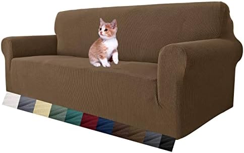 MAXIJIN Super Stretch Couch Cover for 3 Cushion Couch, 1-Piece Universal Sofa Covers Living Room Jacquard Spandex Furniture Protector Dogs Pet Friendly Fitted (Large, Brown) by MAXIJIN