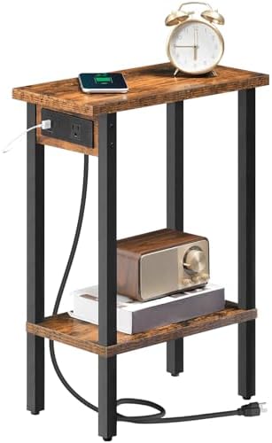 HOOBRO Narrow Side Table, 2-Tier Slim End Table with Charging Station, Skinny Nightstand with Open Storage, for Small Spaces, Living Room, Bedroom, Study, Rustic Brown and Black BF240UBZ01 by HOOBRO