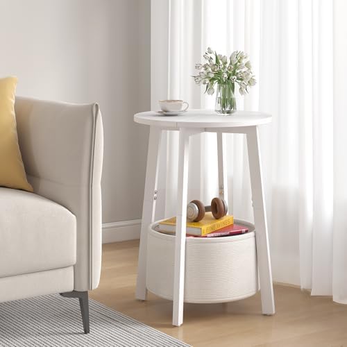 sthmec Small Round Side End Table Set of 2 with Cloth Storage Basket, Round Bedside Sofa Couch Coffee Tables for Small Places with Metal Frame, Modern Nighstands for Living Room Bedroom,White - Image 2