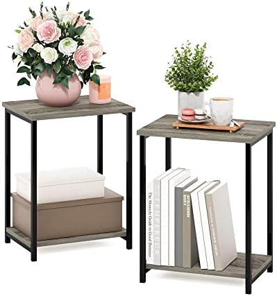 Furinno Simplistic 2-Tier Metal Frame Side Table, Set of 2, French Oak - Image 4