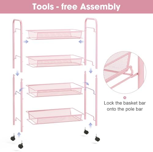 TOOLF 4 Tier Rolling Cart, Metal Utility Storage Cart with Wheels, Pink | 3 Hooks, Screwless Assembly, Trolley Organizer for Bathroom, Kitchen, Office, Nursery, Dorm, Laundry Room - Image 3