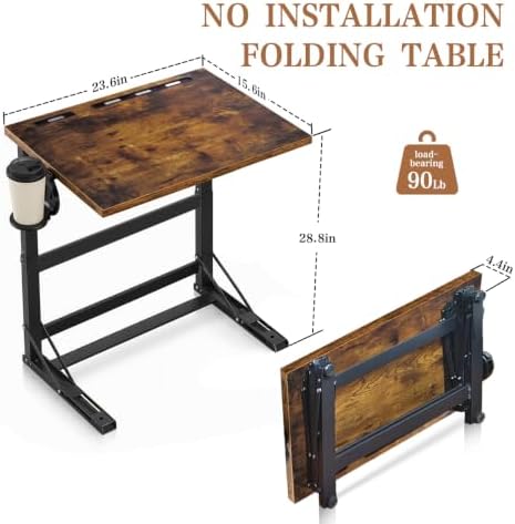 23.3 Inch Folding Desk that Comes Fully Assembled, a Large TV Tray Table for Eating on the Couch with a Cup Holder, Rustic Brown - Image 2
