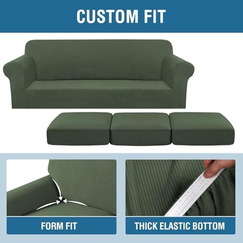 H.VERSAILTEX 4 Piece Stretch Sofa Covers for 3 Cushion Couch Covers for Living Room Furniture Slipcovers (Base Cover Plus 3 Seat Cushion Covers) Thicker Jacquard Fabric (Large Sofa, Bronze Green) - Image 4
