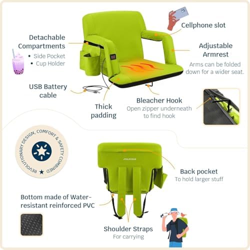 Alpcour Heated Reclining Stadium Seat for Bleachers – Wide Bleacher Chair with Back Support and Cushion, Armrests, Side Pockets, & Hook – Stadium Seats Chairs for Camping, Kayak, Paddle Board & More - Image 5