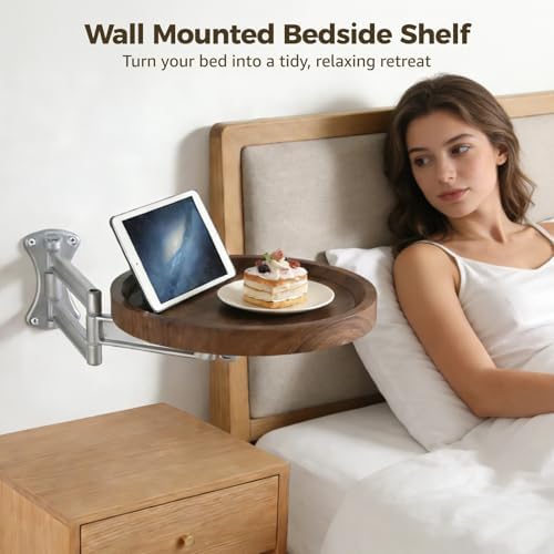 Wall Mounted Bedside Shelf, 11 in Round Floating Table for Wall, Foldable Side Tray with Swing Arm Bracket, Space Saving Nightstand Desk for Bedroom, Sofa, Small Study Corner - Image 2