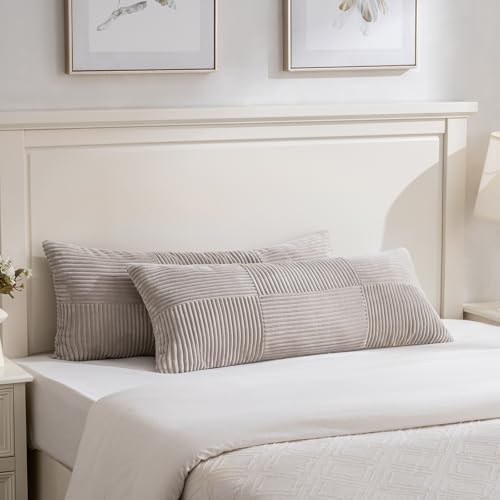 Fancy Homi Set of 2 Neutral Taupe Boho Long Lumbar Body Decorative Throw Pillow Cover 14x36 Inch for Bed Couch Bedroom Bench, Soft Patchwork Corduroy Textured Pillow Case, Farmhouse Room Decor by Fancy+Homi