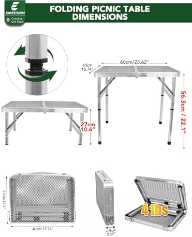 Small 2ft Folding Table with Carry Handle, Adjustable Height 10.6" or 22", Silver Metal Mesh, Portable & Compact Indoor/Apartment/Card/Side/Grill Table, 23.6"Lx15.8"W, Lightweight 4 lb, 66 lb Capacity - Image 3