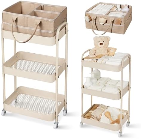 Fortella Baby Diaper Caddy, 3 Tier Rolling Cart for Baby Essentials, Taupe by Fortella