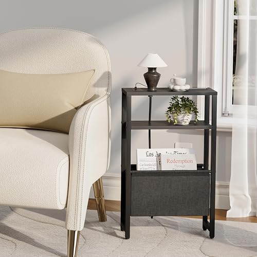 Narrow Side Table with Charging Station, Slim End Table with Magazine Rack, Bedside Table for Small Spaces, 3 Tier Sofa Couch Table Nightstand for Living Room, Bedroom, Black LET503BE - Image 7