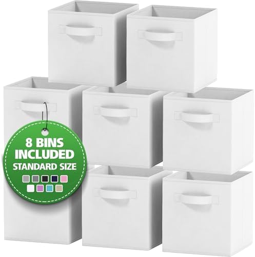 Storage Cubes Pack Of 8 - Standard Size Cube Storage Bin 10.5x10.5x11 With Dual Handles For Easy Carrying- Fabric Storage Bins Collapsible (White) by Royexe+Home