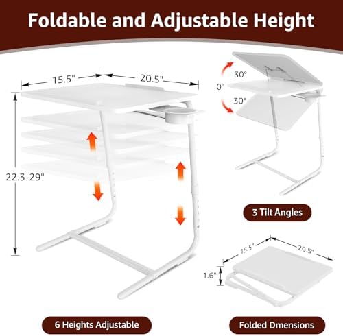 TV Trays Set of 2 - Folding TV Tray Adjustable Dinner Trays for Eating On Couch Wooden Tables Mate Stand Foldable White Desk with Cup Holder Portable - Image 2