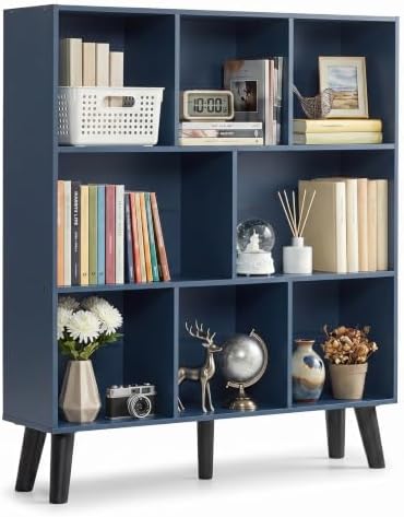 YAHARBO 8 Cube Bookshelf,3 Tier Bookcase with Legs,Dark Blue Mid-Century Modern Bookshelves,Large Free Standing Open Storage Organizer Shelf,Tall Wooden Book Case Furniture for Bedroom,Living Room by YAHARBO