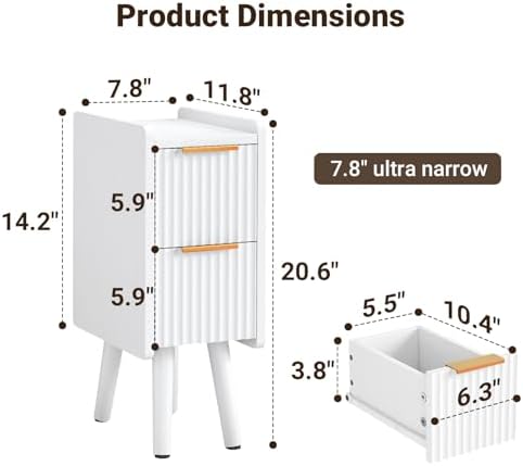ELYKEN 7.9" Fluted Narrow Nightstand, 20.6" H Skinny Side Table, White - Image 2