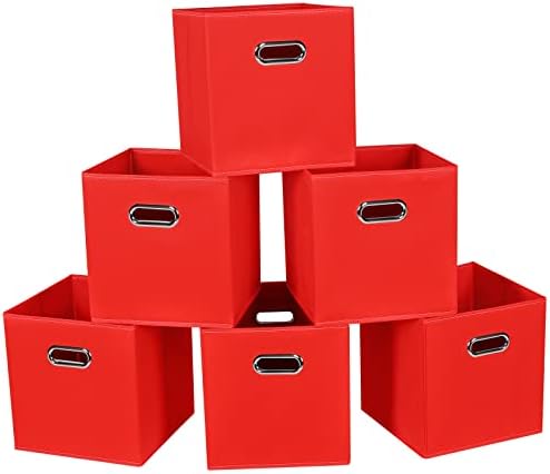 Fabric Cloth Storage Bins,Fabric Cube Bins Organizer with Dual Handles Foldable Cube Storage Baskets for Home Bedroom Storage,Set of 6,(Red) by SEVENDOME