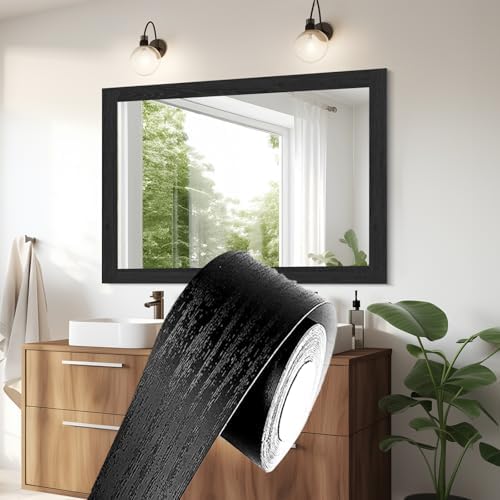 YESUS Dark Grey Wood Grain 3D 10M Wallpaper Frame Removable PVC Waterproof Peel and Stick Wallpaper,Bathroom Frame Sticker Wall Decor (Black, 2" x 393") by Unknown