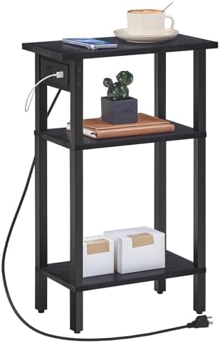 HOOBRO Narrow Side Table, 3-Tier Slim End Table with Charging Station, Skinny Nightstand with Open Storage, for Small Spaces, Living Room, Bedroom, Study, Rustic Brown and Black BB340UBZ01 - Image 4
