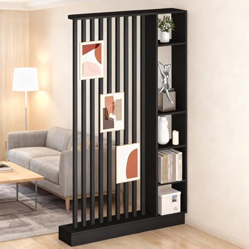 Freestanding Wall Room Divider with Shelves, Black, 47.2x9.4x78.7in by UKETO