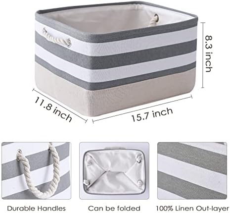 TheWarmHome Storage Basket Fabric Basket with Handles Dog Toy Basket Cloth Storage Bin Shelf Basket Decorative Storage Basket Shoe Basket Gift Basket(Grey&White Stripes-1 Pack,15.7L×11.8W×8.3H) - Image 4
