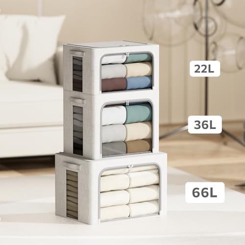 4 Pack Clothes Storage Bins with Metal Frame - 22L Stackable Storage Box with Lid，Foldable Storage Container Organizer for Clothes，Linen Fabric Storage Box with Clear Window＆Zippers＆Handles - Image 5