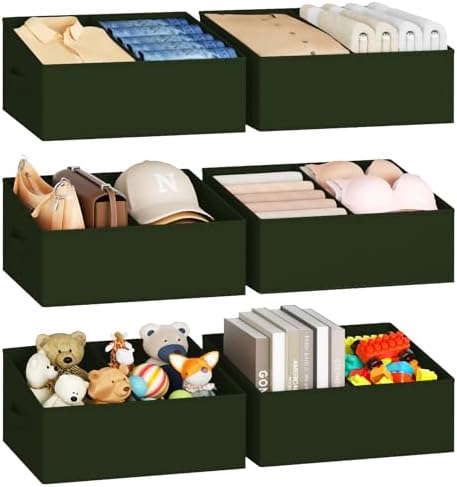 DIMJ Large Closet Shelf Organizer Bins 6 Packs with Handles and Divider, Fabric Trapezoid Storage Baskets, Foldable Clothes Containers Box for Shelf, Towel, Book, Toy, Purse, Hats, Green by DiMJ