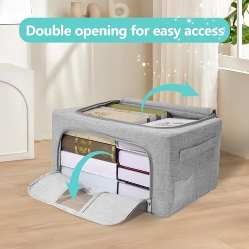 3 Pack Clothes Storage Bins, Foldable Metal Frame Storage Box with Lids,Stackable Linen Fabric Organizer Set with Carrying Handles,Zippers,and Clear Window (Grey, 24L) - Image 3