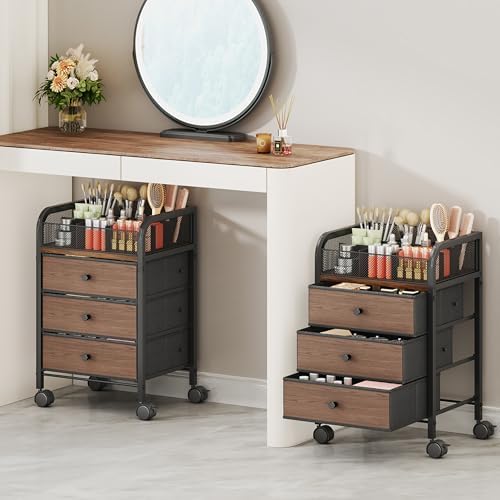 SWTYMIKI Rolling Makeup Organizer Cart - 14.96″*11.81″*23.03″ Widened Under Desk Vanity Storage with 3 Non-woven Drawers, Cosmetic Display Cases for Skin Care Perfume Nail Polish Brush Hair Tool Black by SwtyMiki-TidyHomeSweetLife