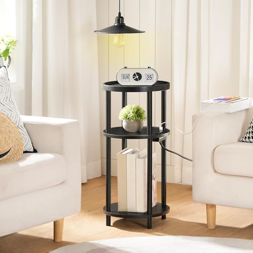 HOOBRO Small Round Side Table with Charging Station, 3-Tier Round Bamboo End Table, Compact Sofa Bedside Table for Small Space, Easy Assembly, for Living Room, Bedroom, Apartment, Black BB152UBZ01 - Image 5