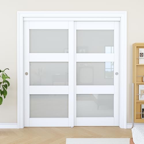 Sliding Closet Door 72"x80", 3 Lite Frosted Glass Door, Need to Assemble - Image 2