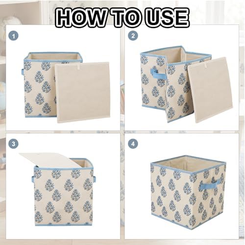 Bokon 6 Pcs 11'' Blue Block Print Storage Cubes Floral Cube Storage Bins - Image 5
